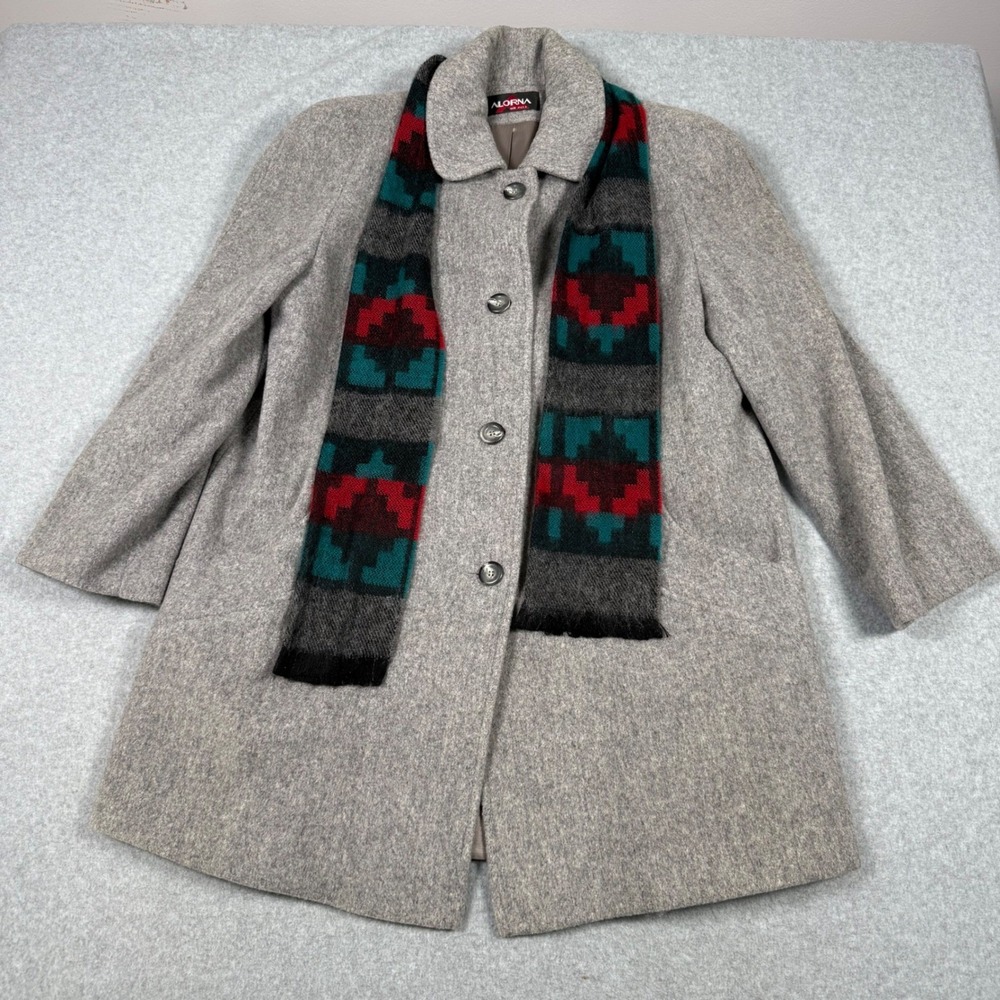 Vintage Alorna Wool Blend Gray Coat Southwestern Scarf Accent Made in USA Women